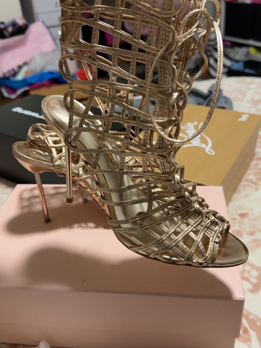 Sophia Webster Metallic Gold Strappy Cage Stiletto Sandals